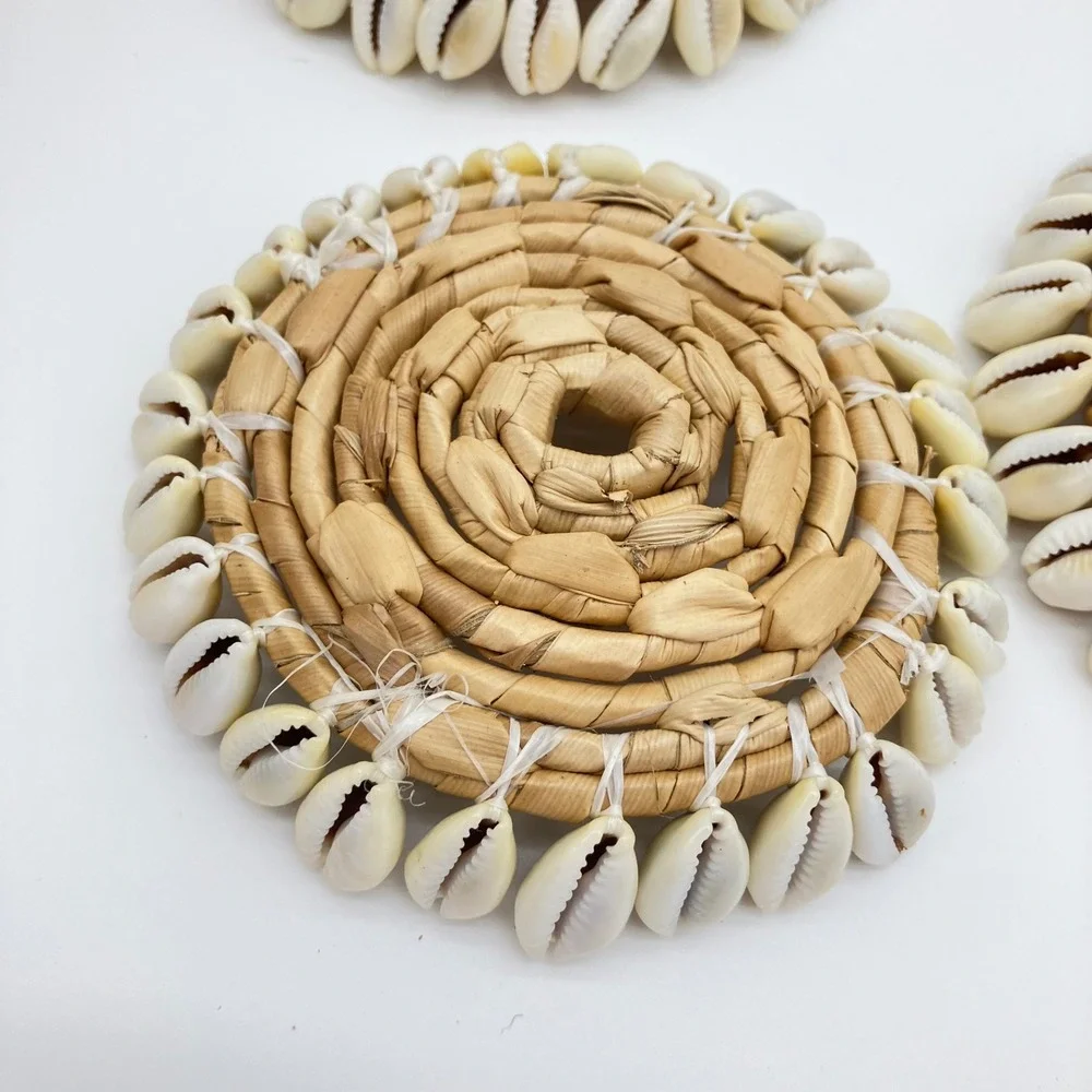Woven Straw Coaster Set 6pc Natural Cowrie Shell Trim Boho Coastal